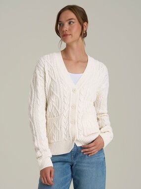 American Tall Relaxed Cotton Cable Knit Cardigan in Ecru M Extra Tall